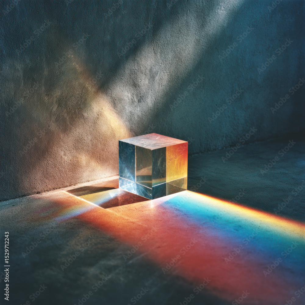 Poster a clear cube casts vivid light on a textured surface, creating a stunning visual in a dark space