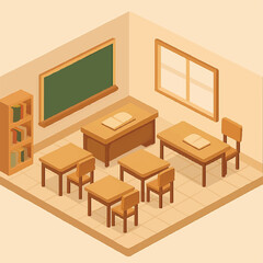 Isometric Illustration of a Classroom  Desks, Chairs, Blackboard, Bookshelves –  Perfect for Educational Designs