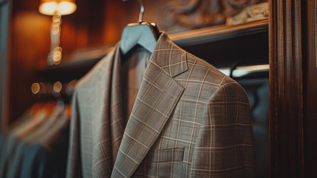 A beautifully tailored gray suit hanging elegantly, showcasing a detailed plaid design, an embodiment of sophistication and craftsmanship in men's fashion.