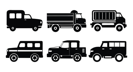  Vehicle Silhouette Icon Set, Pickup, Truck, SUV, Van, Car Vector Collection