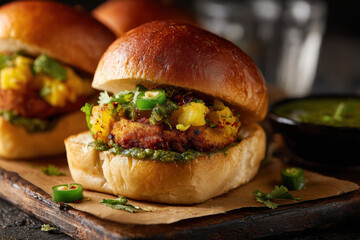 vada pav with chili and chutney on brown paper