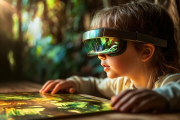 A young girl wearing VR glasses experiences an immersive virtual forest scene, exploring digital nature.