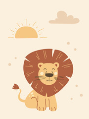 Colorful nursery wall art with a cheerful lion with a large mane sitting contently. A warm sun and soft clouds create a bright, inviting atmosphere perfect for children's spaces.