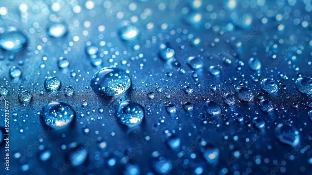 Poster a high-resolution close-up image captures the mesmerizing patterns of water droplets on a blue surfa