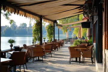 Fototapeta premium Cafe Awning in Riverside Terrace: Elegant and Comfortable Interior Design at Lakeside Luxury Belgrade Cafe