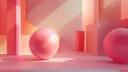 A pink room with two pink balls and pink walls