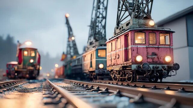 Close-up view of wet railroad tracks at sunset, with plants growing between the rails and trains visible in the blurred background