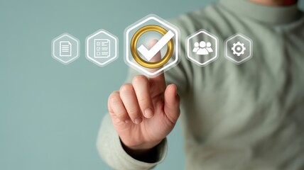 Hand interacting with digital check mark and icons.