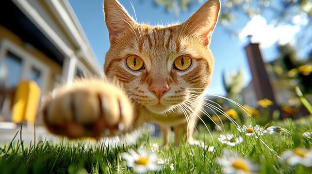 Playful ginger cat pouncing in a sunny garden