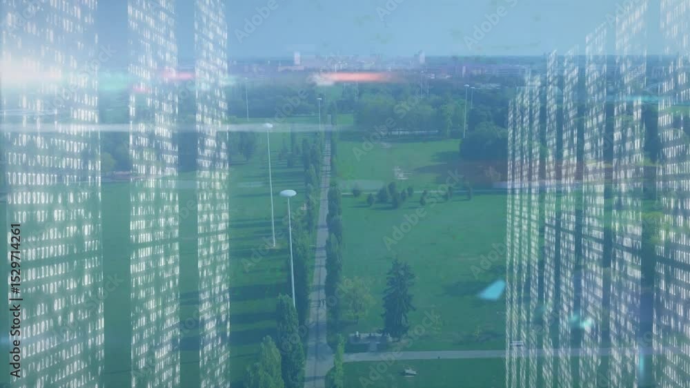 Poster binary code columns appearing at park edges flickering framing pathway for futuristic effect