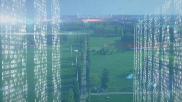 binary code columns appearing at park edges flickering framing pathway for futuristic effect