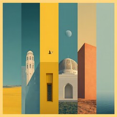 Abstract Architecture Montage: Desert Landscape, Tower, Dome, Bird, Minimalist Design Art