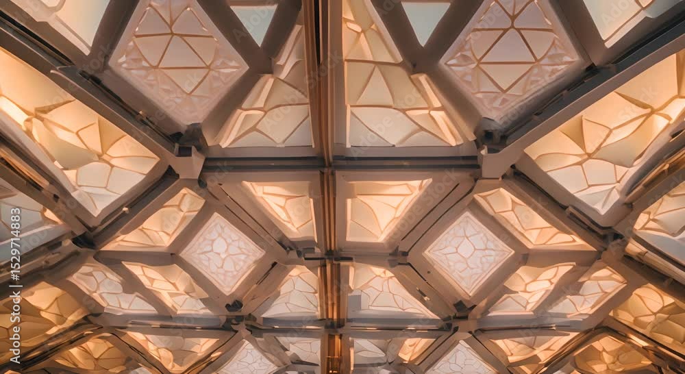 Poster a brightly lit ceiling with intricate patterns formed using backlit panels the soft diffused light c