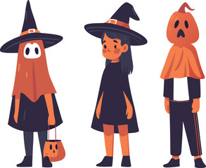 Three children in Halloween costumes of ghost witch and pumpkin head