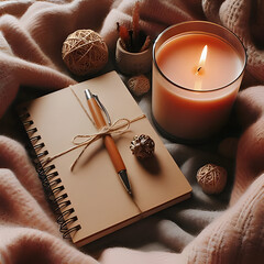 Cozy autumn scene with candle notebook and pen