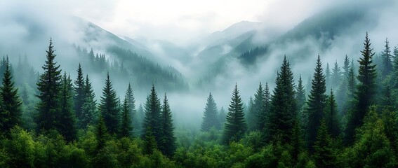 Misty Forest Landscape with Tall Green Spruce Trees Panoramic