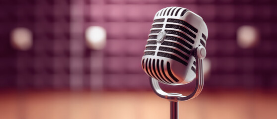 Vintage microphone stands ready for podcast recording in cozy studio with warm lighting and blurred background