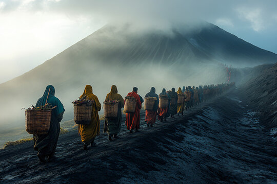 Tengger tribe ceremony at Mount Bromo during Yadnya Kasada. A line of villagers carrying baskets of offerings, walking along misty volcanic ridges. 