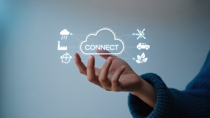 A hand interacts with a digital cloud network interface.