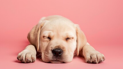 A light-cream colored Labrador puppy, lying down, sleeping peacefully against a vibrant pink background.