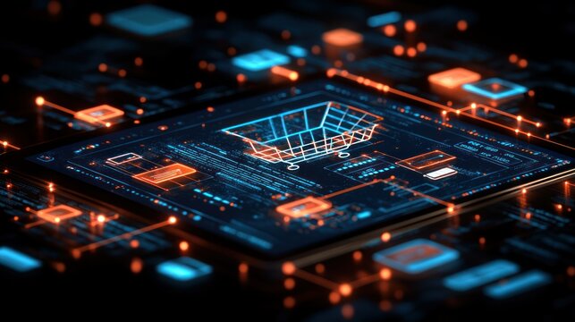 Digital shopping cart on a glowing circuit board