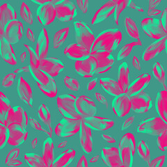 Hand drawn seamless Vibrant Tropical Brush Floral Pattern with Bold Neon Petals on Teal