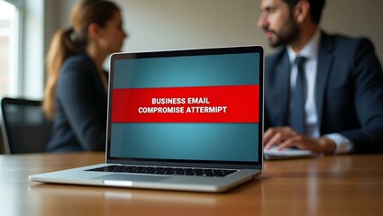 A serious discussion on cybersecurity risks, featuring a laptop displaying a warning about business email compromise.