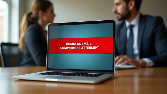 A serious discussion on cybersecurity risks, featuring a laptop displaying a warning about business email compromise.