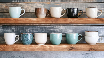 Collection of Ceramic Cups: A neatly arranged collection of various colored ceramic cups and mugs rests on rustic wooden shelves, creating a visually appealing and organized display.