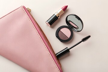 A beautifully arranged pink makeup pouch partially open, showcasing pink lipstick, mascara, and a compact with pink and brown eye shadows on a soft, light background