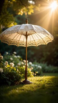 Elegant parasol sits in a sunlit garden amidst flowering bushes and lush green grass creating a soft, romantic atmosphere.