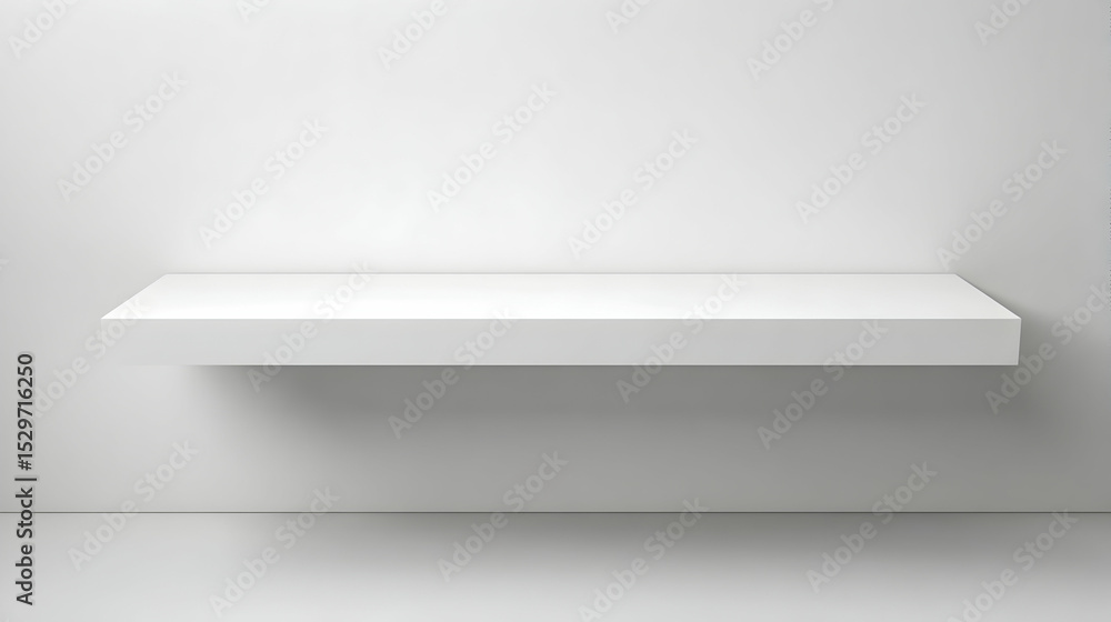 Poster floating white shelf against white wall minimalist design with soft shadow and empty space
