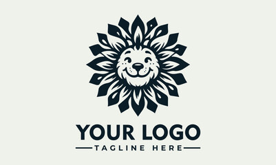 Happy lion illustration with a mane made of stylized leaves in black and white. Nature and animal concept