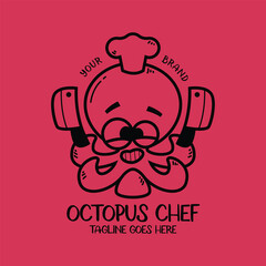 A FUNNY SMILING OCTOPUS CHEF LINE ART CARTOON LOGO