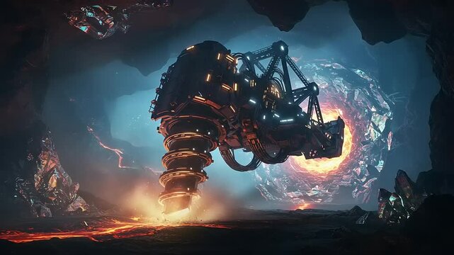 Futuristic mining machine drills into a fiery portal in a cavernous landscape