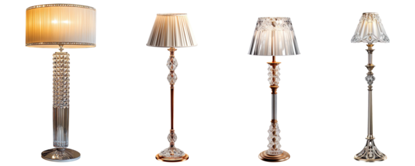 Collection of elegant crystal floor lamps, isolated on a transparent background