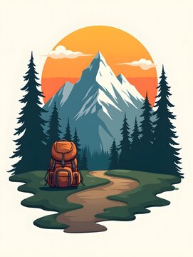 Outdoor adventure logo design with mountain, backpack, and sunset landscape elements