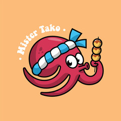 A RED OCTOPUS WITH JAPANESE HEADBAND IS HOLDING A STICK OF TAKOYAKI CARTOON LOGO