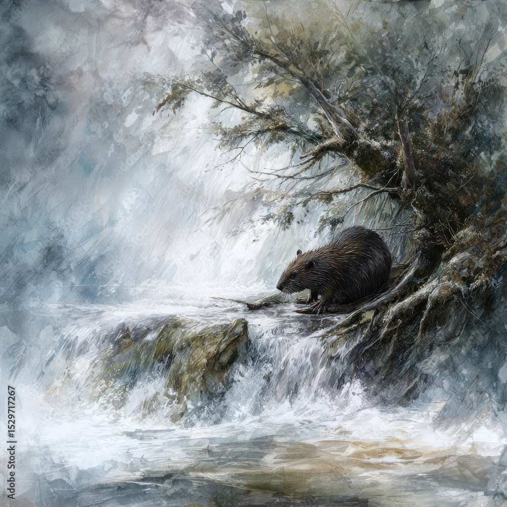 Aufkleber a beaver stands at the edge of a cascading waterfall surrounded by misty trees at dawn, creating a t