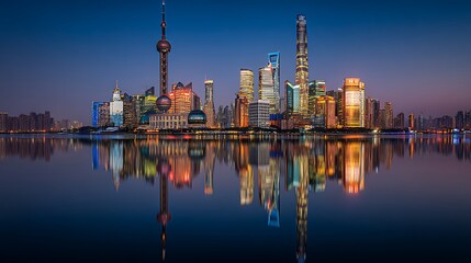 Fototapeta premium skyline featuring the Oriental Pearl Tower, Jin Mao Tower, and the Shanghai World Financial Center, twilight shot with reflections in the Huangpu River .