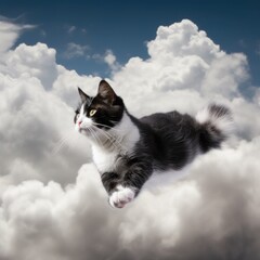 Black and white cat gracefully leaps through fluffy clouds in blue sky. Fantasy image with cat.