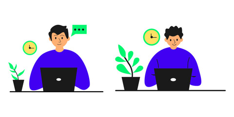 A vector illustration of a person sitting at a desk, working on a laptop. The scene includes a small plant and a clock on the wall, representing a comfortable home office or workplace environment