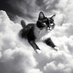 Black and white cat gracefully floating among fluffy clouds in a dreamy sky atmosphere