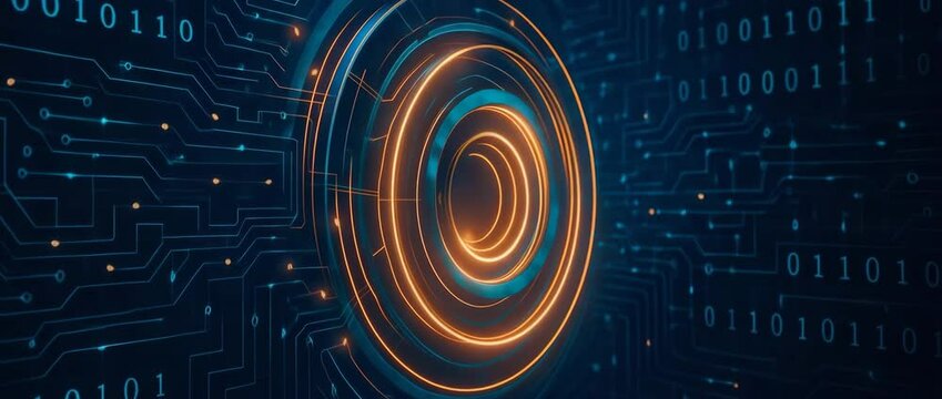 A futuristic digital design featuring glowing circles and binary code, representing advanced technology and data processing. Ideal for concepts related to innovation and computing.
