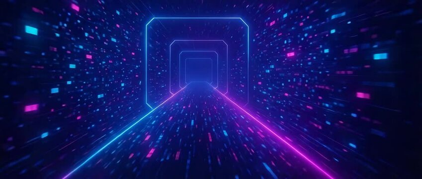 A vibrant, futuristic tunnel filled with glowing neon lights. The ambiance creates a sense of speed and movement, perfect for representing advanced technology and innovation.