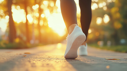 Close up of woman walking on concrete path in park, she is wearing black leggings and sneakers.