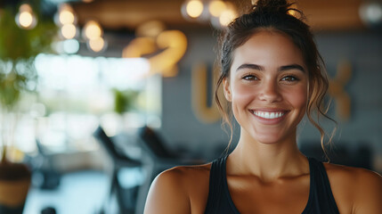 Close-up shot of a woman in an exercise outfit, she smiles at the camera with a blurred background at the gym.