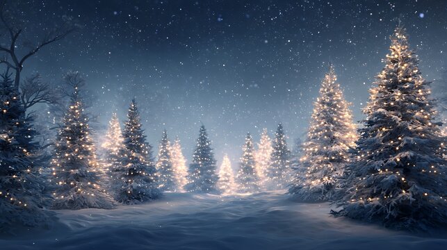 Snow-covered christmas trees with glowing lights under starlit sky in winter wonderland .