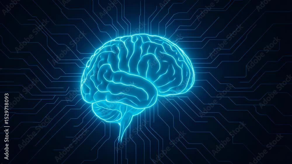 Poster an innovative illustration of a glowing brain surrounded by circuit board patterns, symbolizing the 