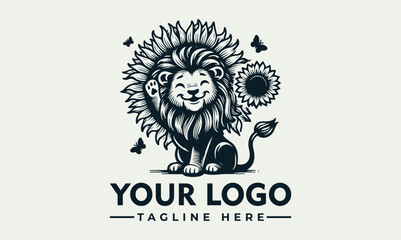 Happy lion illustration with a mane made of stylized leaves in black and white. Nature and animal concept